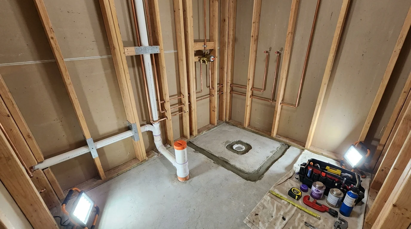 Bathroom rough-in plumbing during remodel by Johns Plumbing LLC in Upper Sandusky