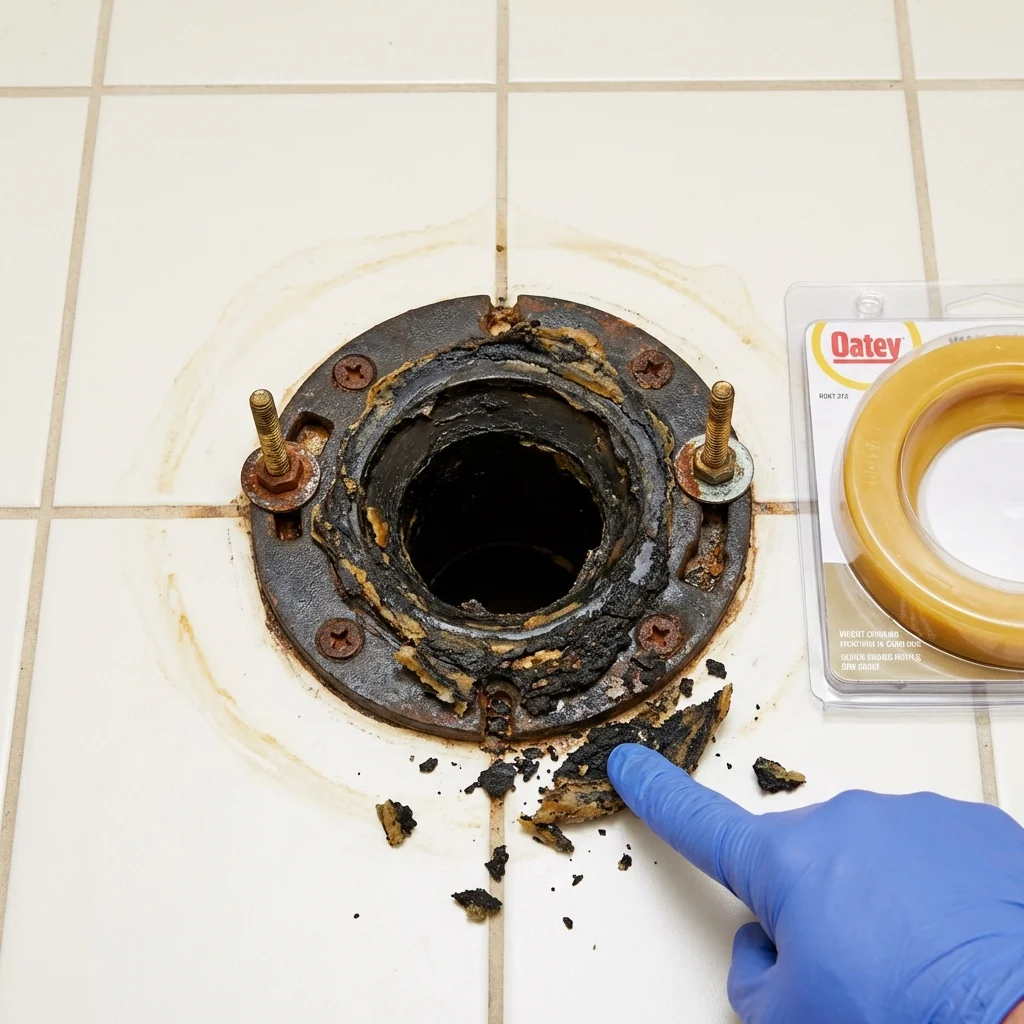 Failed wax ring showing water seepage at the base of a toilet in a Upper Sandusky, OH home