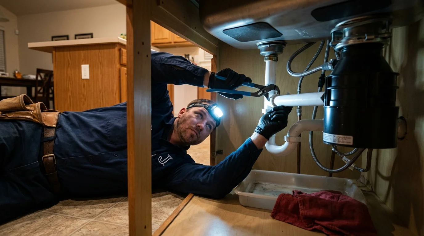 P-trap and supply line connections under a kitchen sink showing a common leak point in Upper Sandusky, OH
